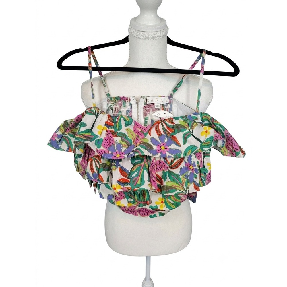 Karlie Tropical Floral Ruffle Crop Top White Pink Green Smocked Back Small